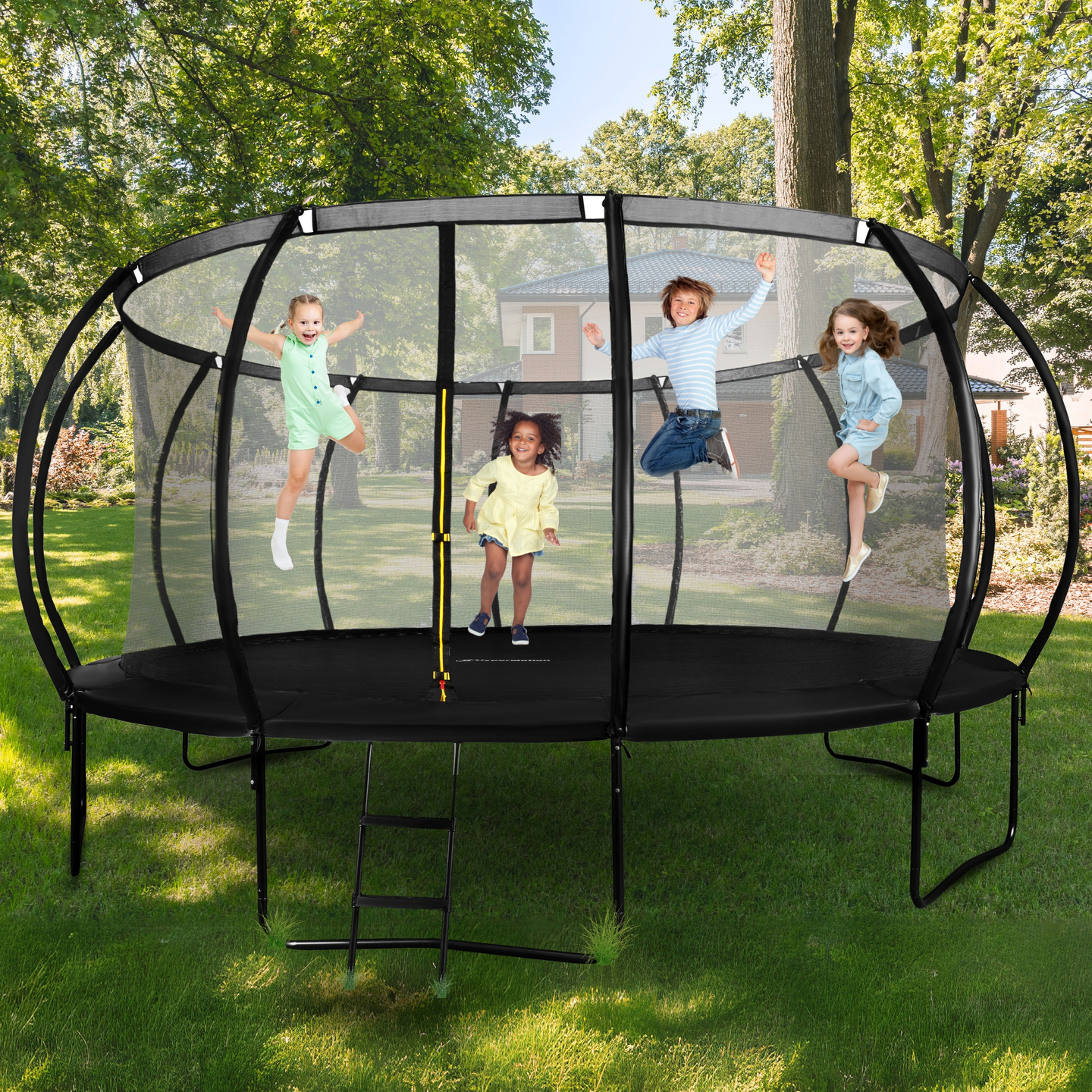 Trampolina ogrodowa XXXXL dla dzieci HyperMotion - 487 cm 16FT - z drabinką i siatką wewnętrzną - do domu i ogrodu - 150kg max