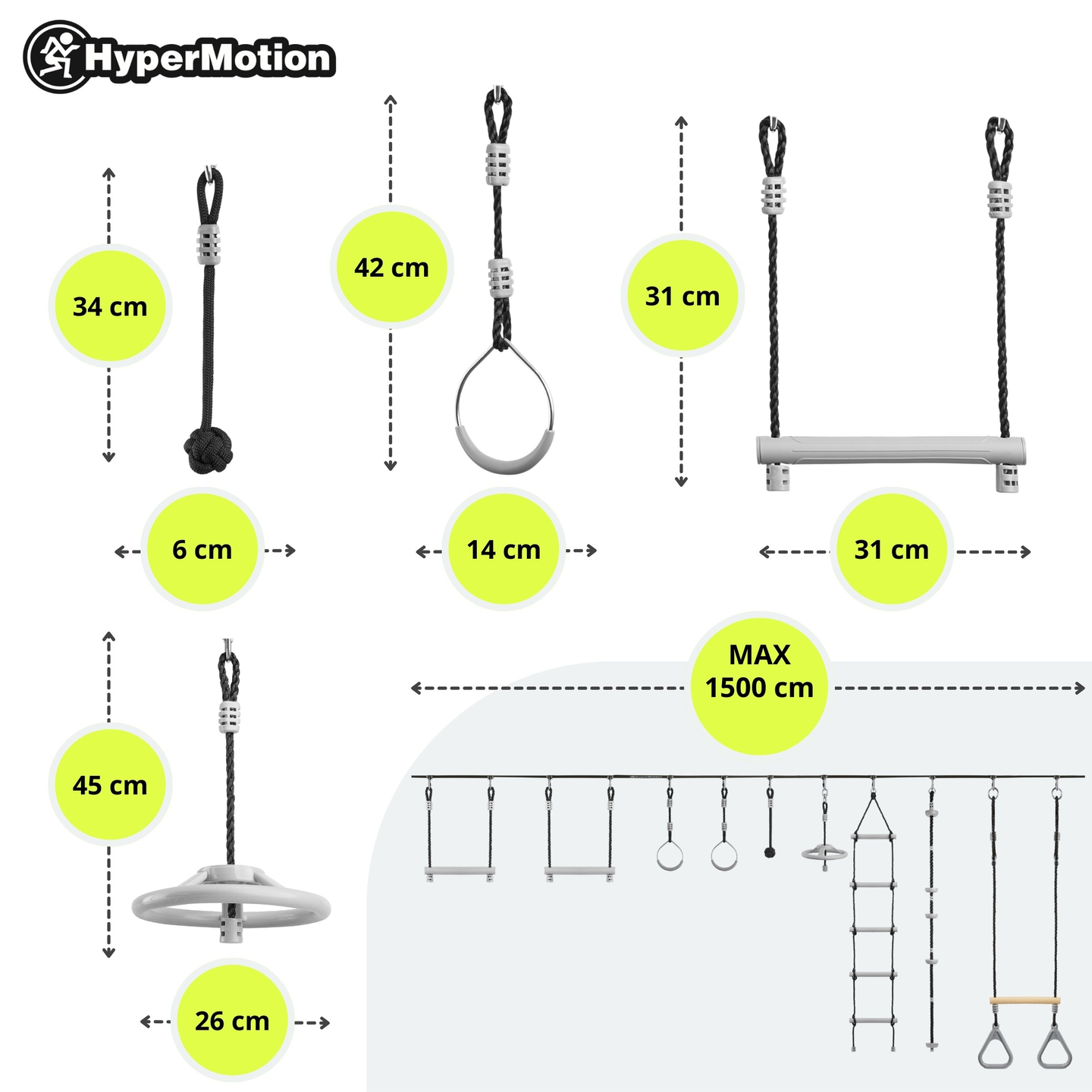 Tor przeszkód Ninja dla dzieci - zestaw slackline HyperMotion - 9 przeszkód