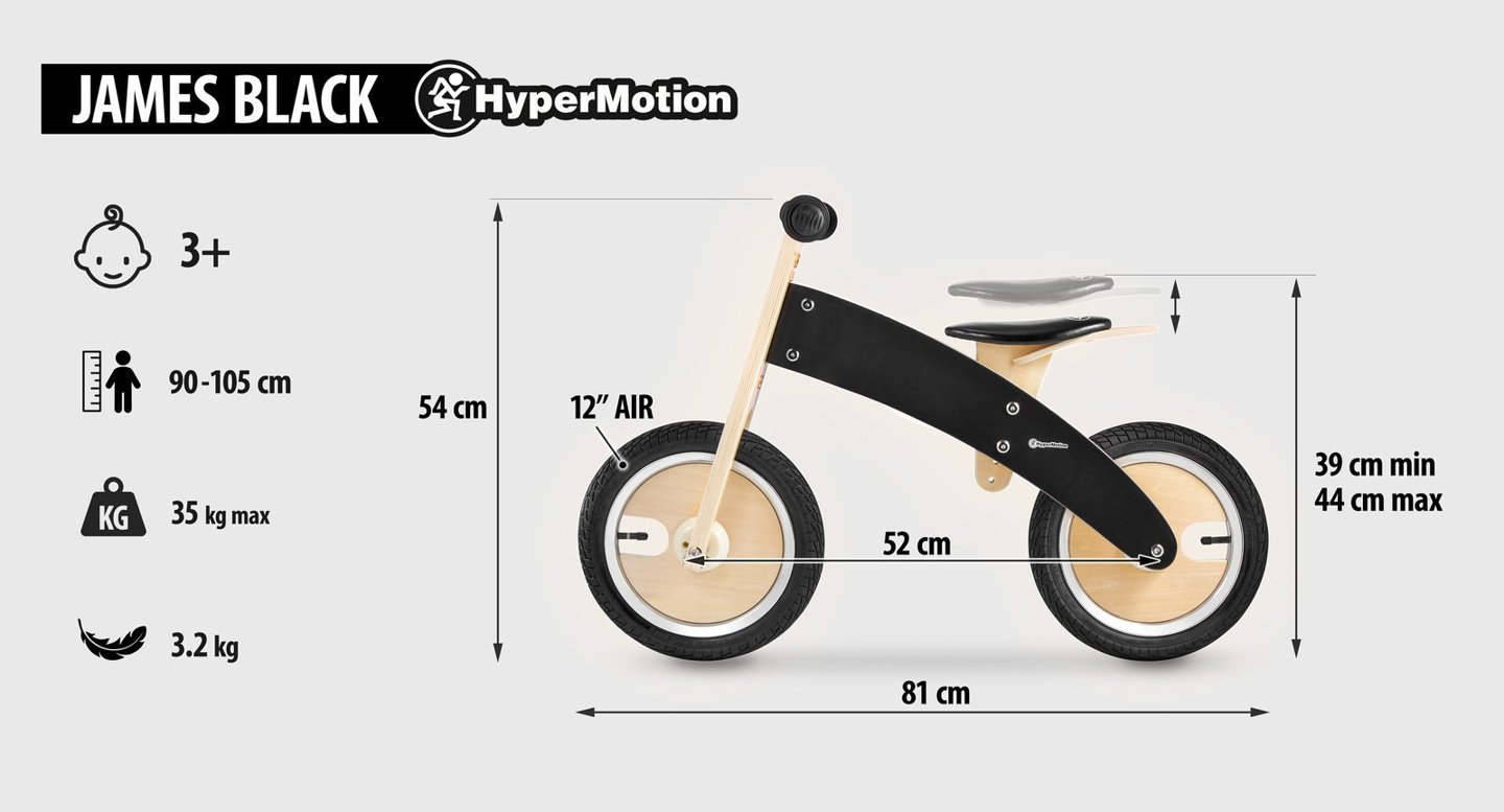 Rowerek biegowy drewniany HyperMotion JAMES - pompowane koła - czarny